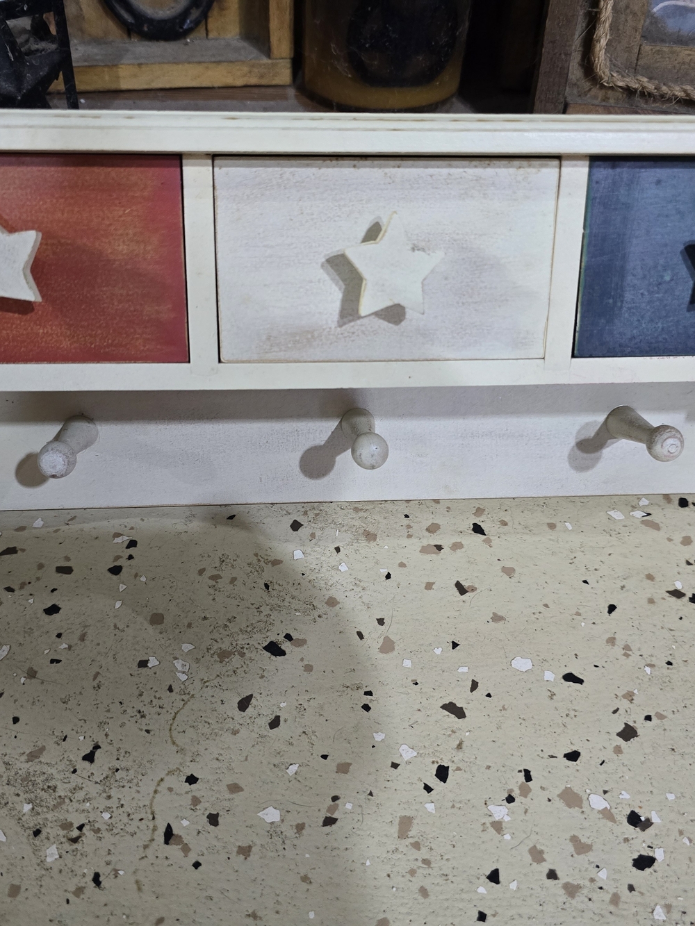 Wooden Wall Hook Rack with Red, White & Blue Star Drawers - Rustic Home Accents